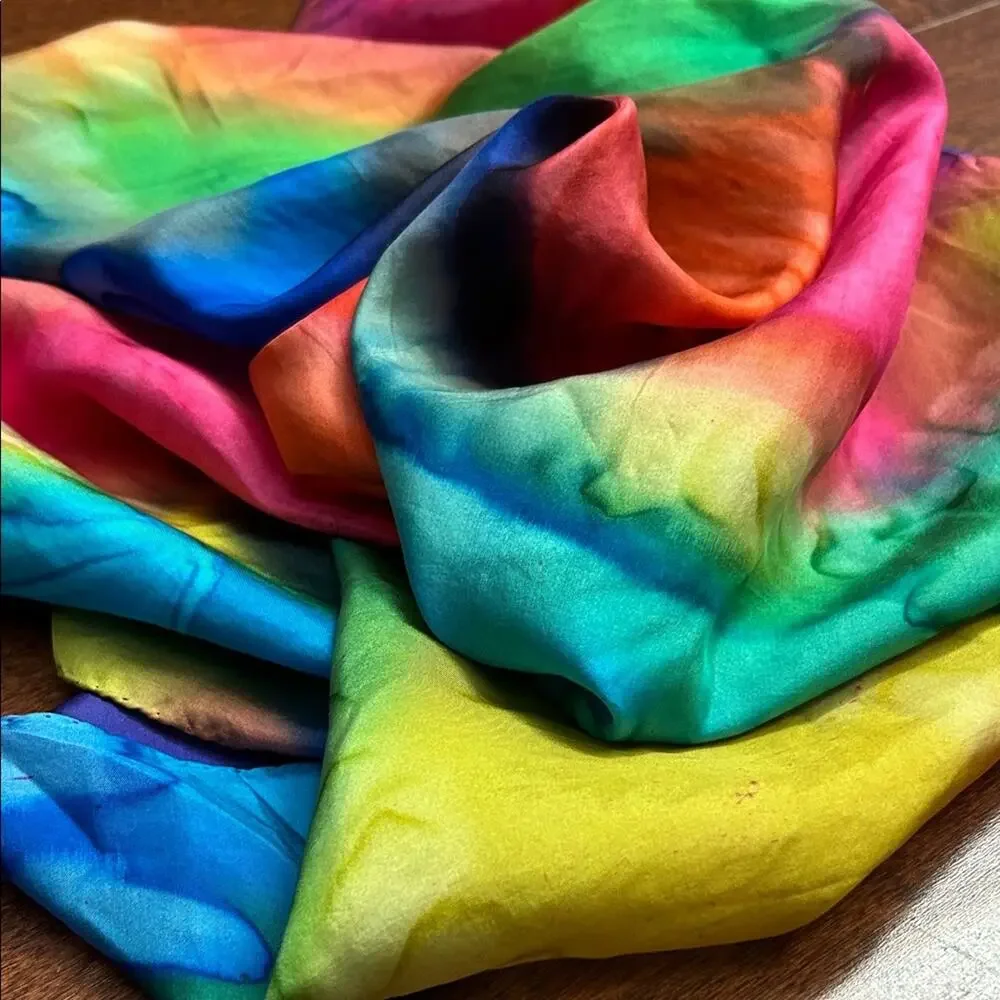 Hand Rolled Multicolor Rainbow Tie-Dye Scarf in a Silky Fabric, Square Shape